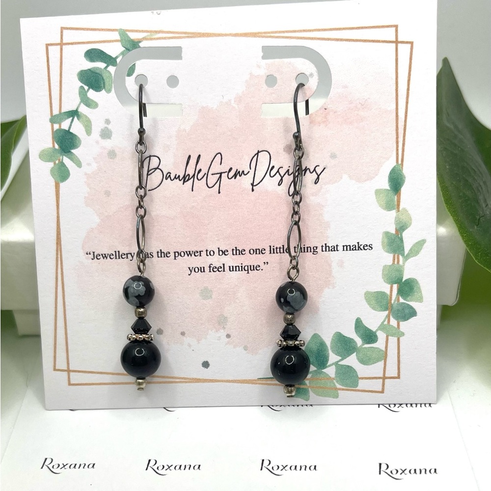 Earring gemstones snowflake obsidian, 6mm, onyx 8mm, Swarovski crystal beads 4mm